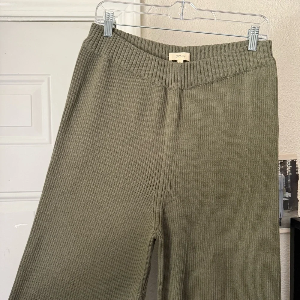 Ozma Ribbed Wide-Leg Knit Pants - Olive Green 100% Organic Cotton